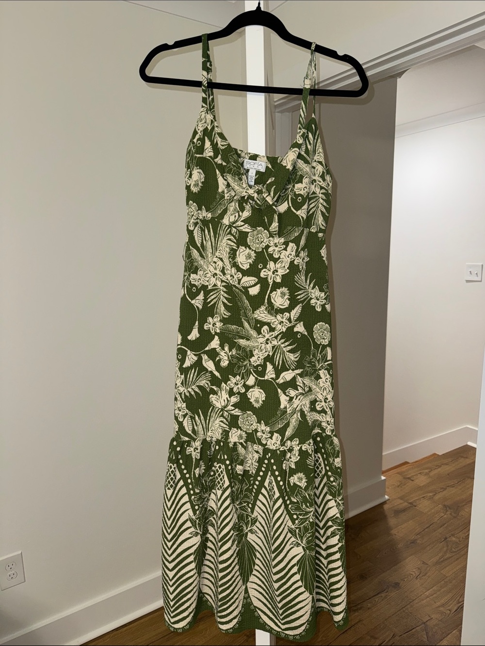 Olive Green Floral Maxi Dress with Cream Print